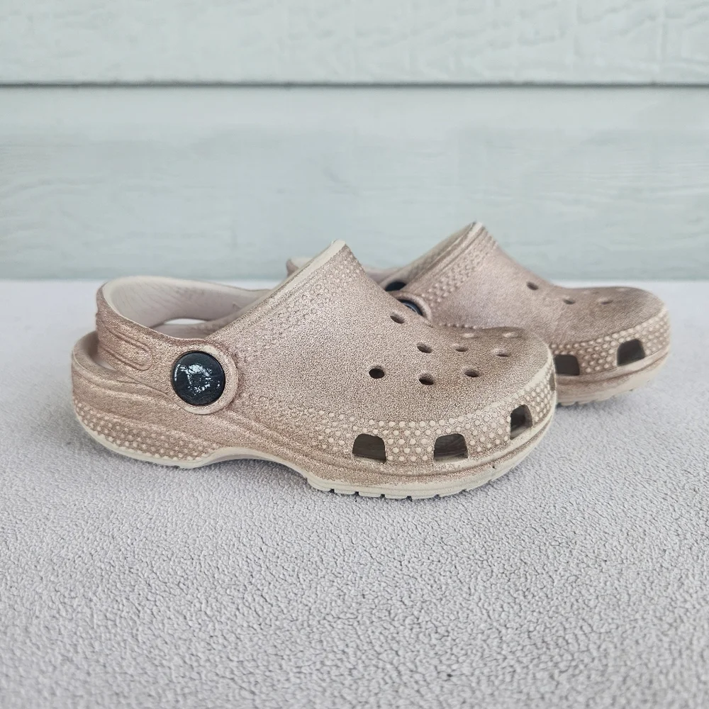 Crocs Classic Clog Toddler SZ 7 Slip-On Sparkle Glitter Beige Water Shoes